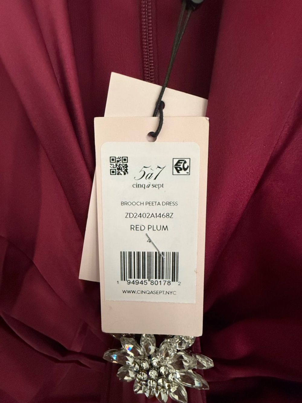 cinq a sept Red Plum Brooch Dress with Crystal Accent nwt size 4